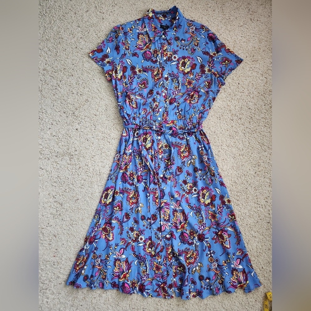 Talbots Floral Midi Shirt Dress 12 Button Front Tie Waist Fit Flare Cottagecore - Picture 8 of 12